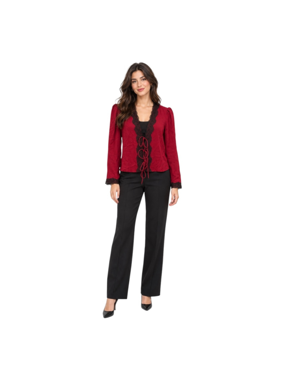 Zara Dark Red Lace Trim Tie-Front Blouse Women’s Medium Romantic Y2K